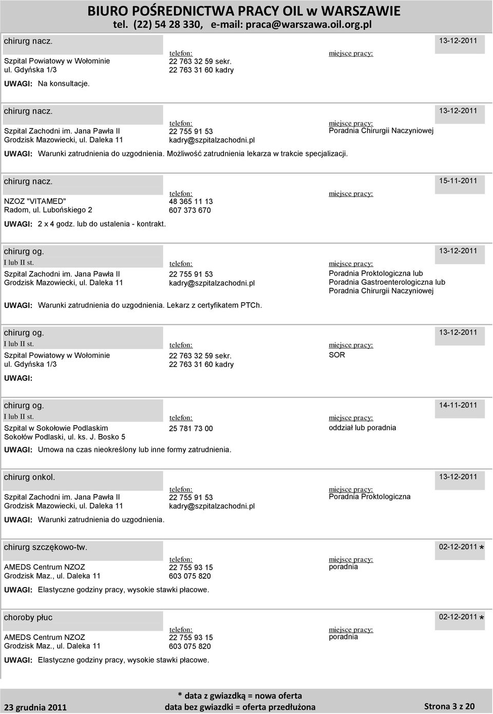 Warunki zatrudnienia do uzgodnienia. Lekarz z certyfikatem PTCh. Poradnia Proktologiczna lub Poradnia Gastroenterologiczna lub Poradnia Chirurgii Naczyniowej chirurg og.