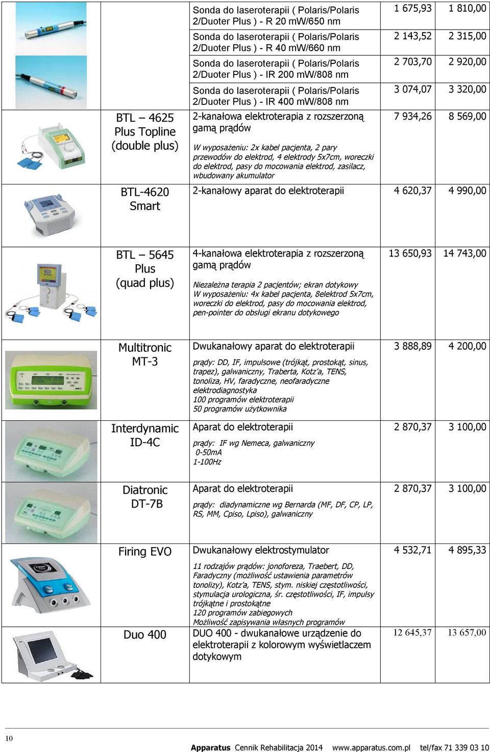 prądów W wyposażeniu: 2x kabel pacjenta, 2 pary przewodów do elektrod, 4 elektrody 5x7cm, woreczki do elektrod, pasy do mocowania elektrod, zasilacz, wbudowany akumulator 1 675,93 1 810,00 2 143,52 2