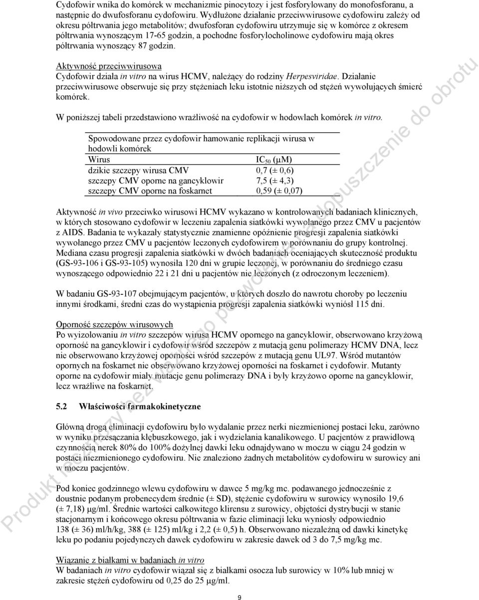 fosforylocholinowe cydofowiru mają okres półtrwania wynoszący 87 godzin. Aktywność przeciwwirusowa Cydofowir działa in vitro na wirus HCMV, należący do rodziny Herpesviridae.