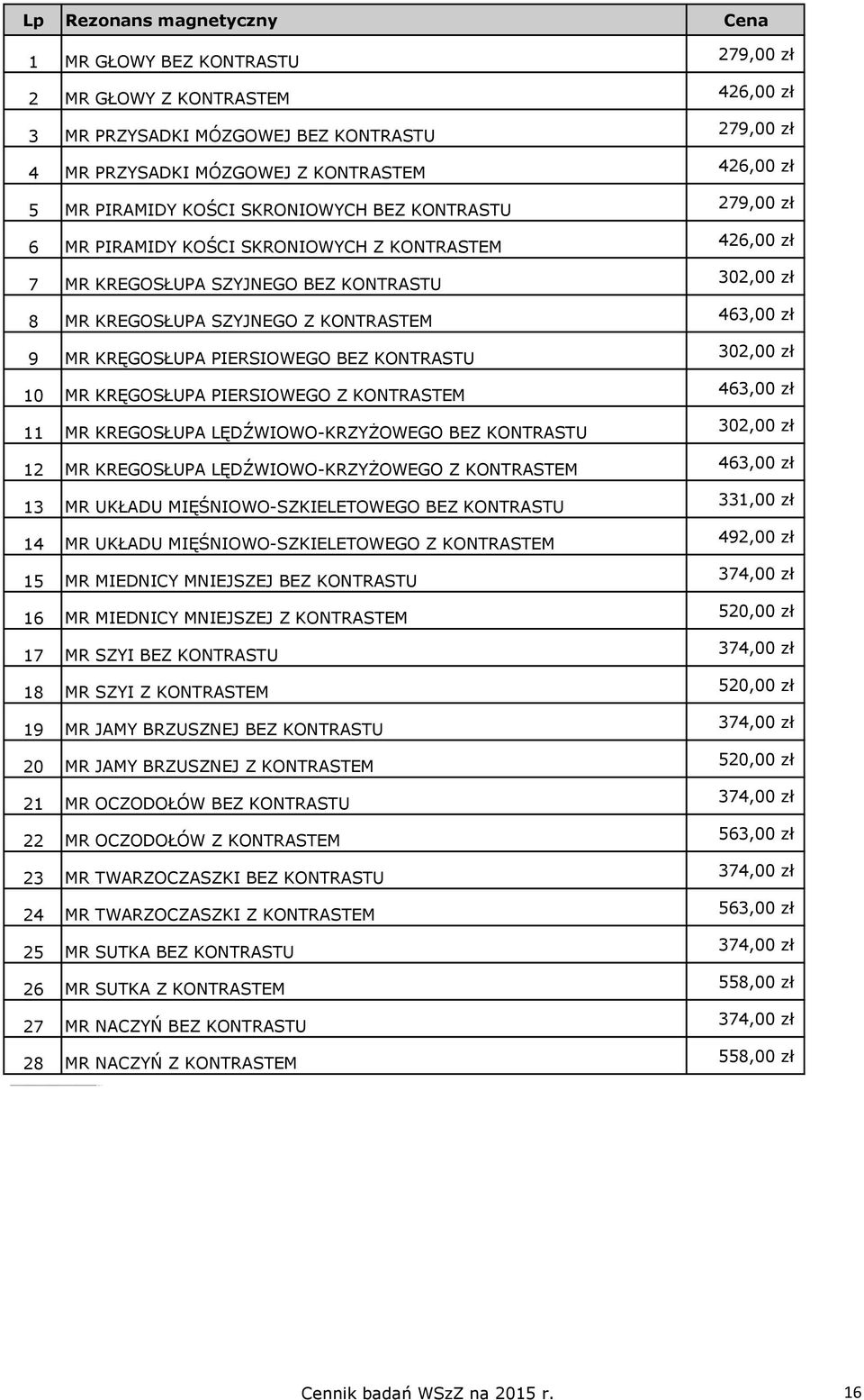 KONTRASTEM 11 MR KREGOSŁUPA LĘDŹWIOWO-KRZYŻOWEGO BEZ KONTRASTU 12 MR KREGOSŁUPA LĘDŹWIOWO-KRZYŻOWEGO Z KONTRASTEM 13 MR UKŁADU MIĘŚNIOWO-SZKIELETOWEGO BEZ KONTRASTU 14 MR UKŁADU