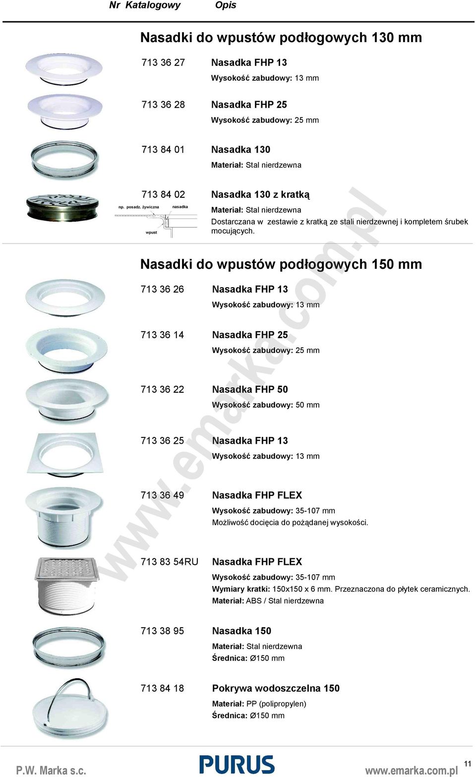 Nasadki do wpustów podłogowych 150 mm 713 36 26 Nasadka FHP 13 Wysokość zabudowy: 13 mm 713 36 14 Nasadka FHP 25 Wysokość zabudowy: 25 mm 713 36 22 Nasadka FHP 50 Wysokość zabudowy: 50 mm 713 36 25