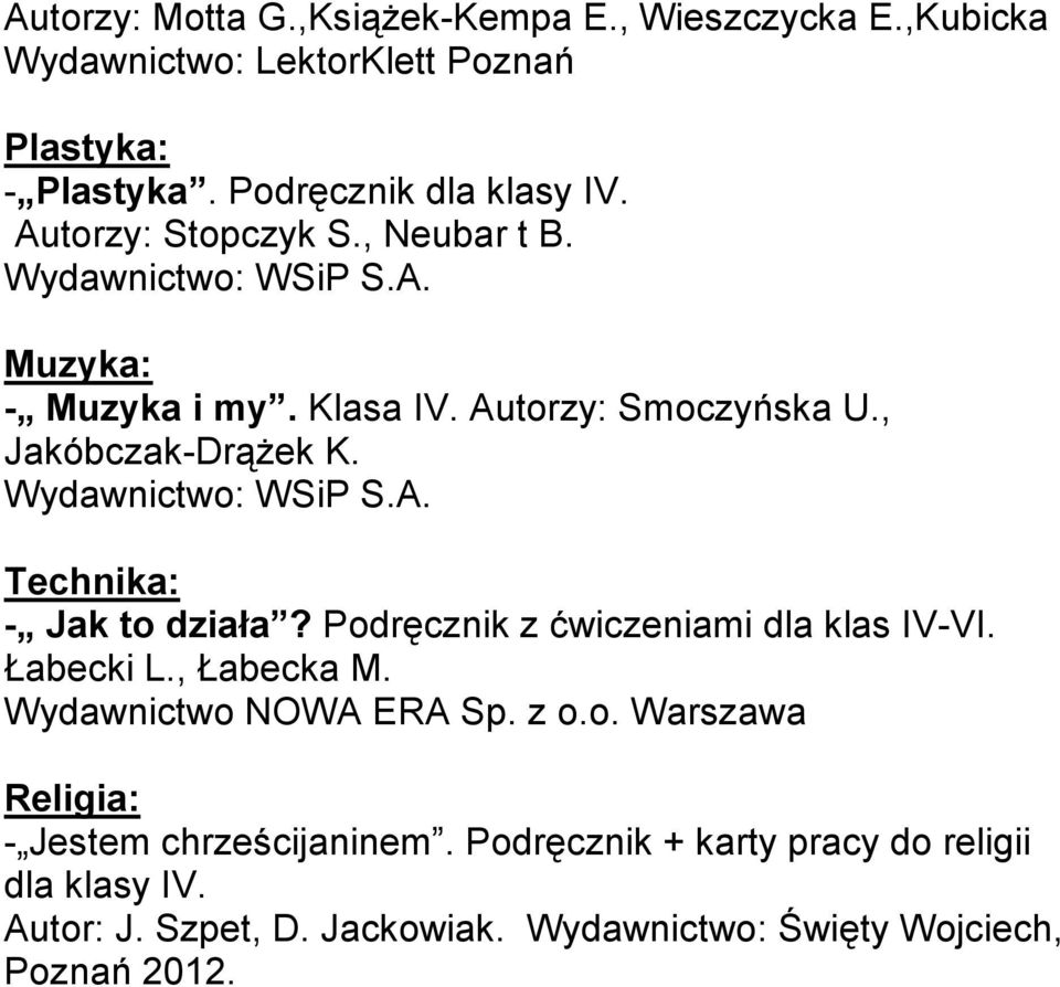 , Jakóbczak-Drążek K. Technika: - Jak to działa? Podręcznik z ćwiczeniami dla klas IV-VI. Łabecki L., Łabecka M.