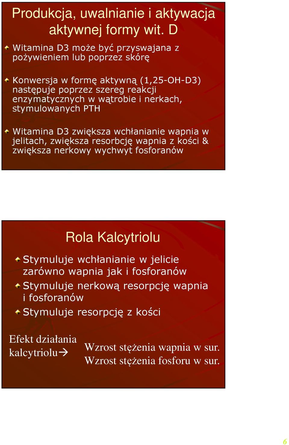 w wątrobie i nerkach, stymulowanych PTH Witamina D3 zwiększa wchłanianie wapnia w jelitach, zwiększa resorbcję wapnia z kości & zwiększa nerkowy wychwyt