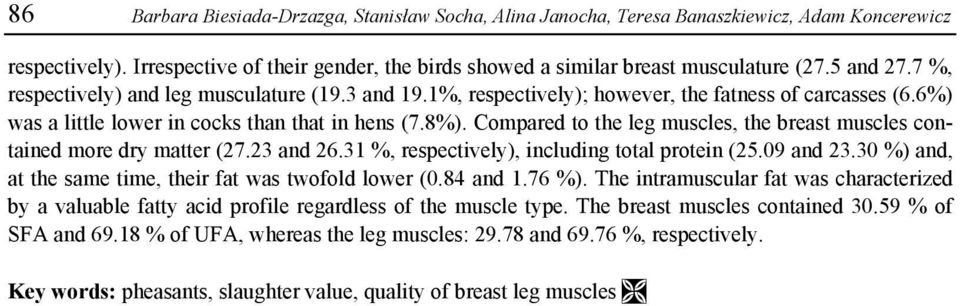 Compared to the leg muscles, the breast muscles contained more dry matter (27.23 and 26.31 %, respectively), including total protein (25.09 and 23.