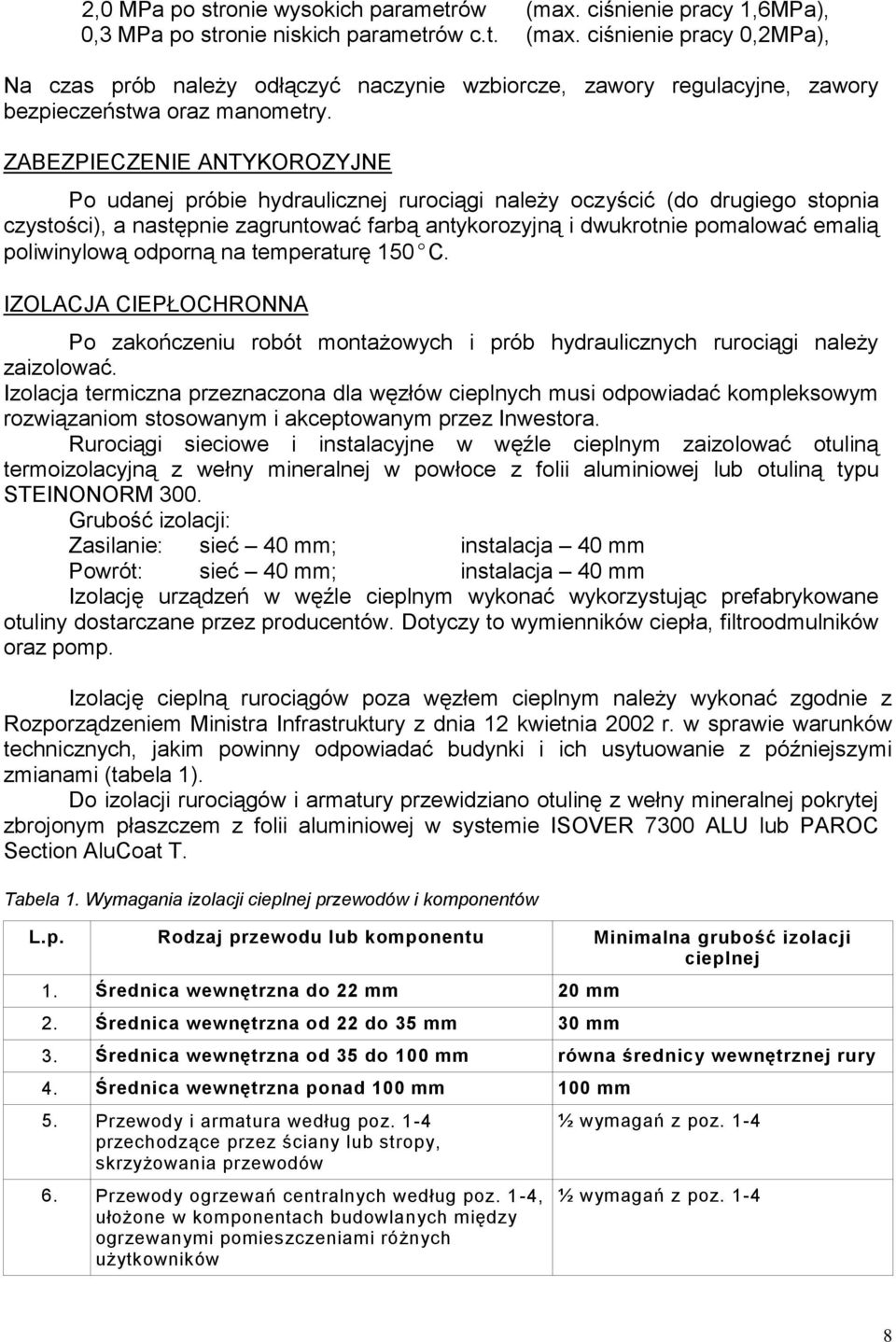 poliwinylową odporną na temperaturę 150 C. IZOLACJA CIEPŁOCHRONNA Po zakończeniu robót montażowych i prób hydraulicznych rurociągi należy zaizolować.