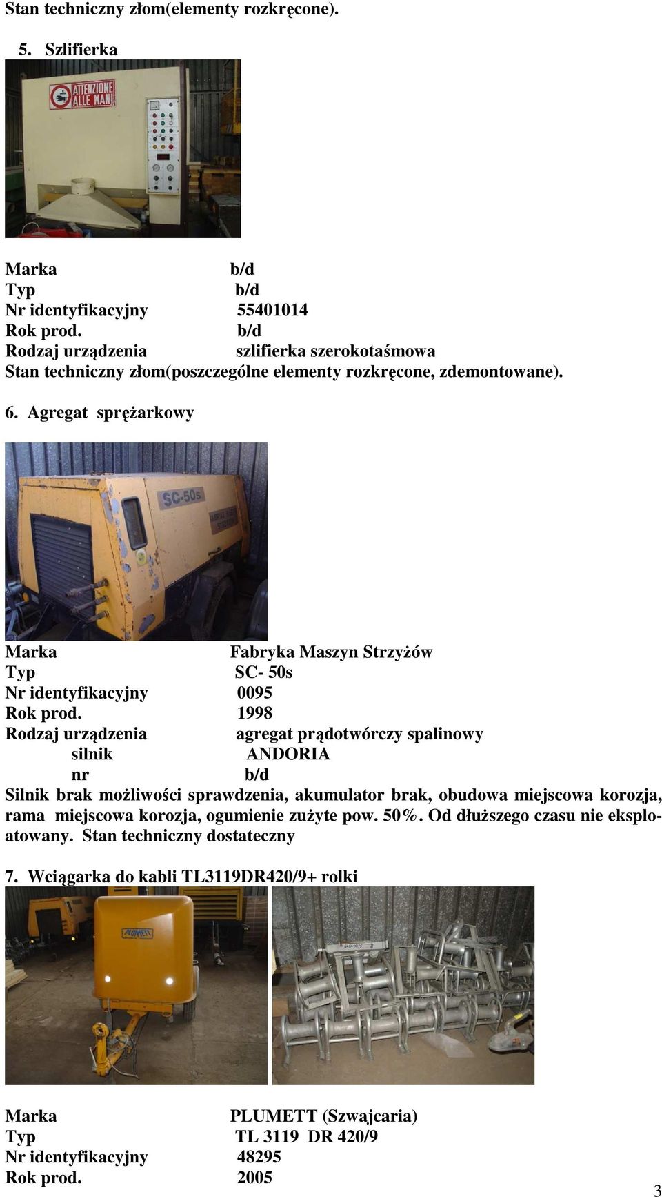 Agregat spręŝarkowy Fabryka Maszyn StrzyŜów SC- 50s 0095 1998 agregat prądotwórczy spalinowy silnik ANDORIA nr Silnik brak moŝliwości