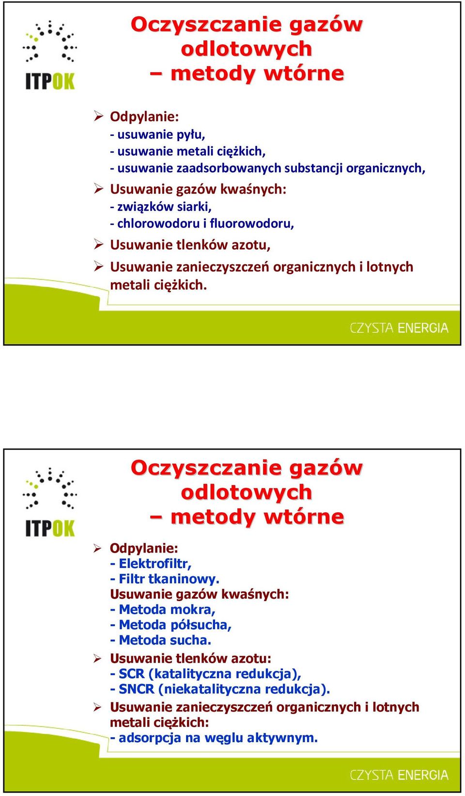 Oczyszczanie gazów odlotowych metody wtórne Odpylanie: - Elektrofiltr, - Filtr tkaninowy. Usuwanie gazów kwaśnych: - Metoda mokra, - Metoda półsucha, - Metoda sucha.