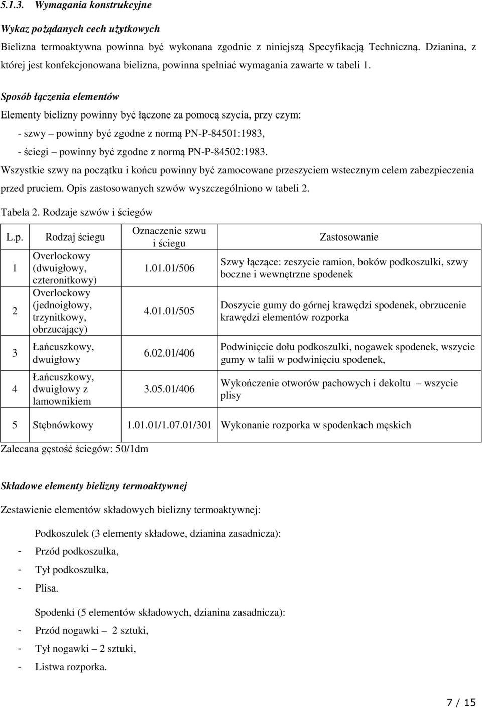 Sposób łączenia elementów Elementy bielizny powinny być łączone za pomocą szycia, przy czym: - szwy powinny być zgodne z normą PN-P-84501:1983, - ściegi powinny być zgodne z normą PN-P-84502:1983.