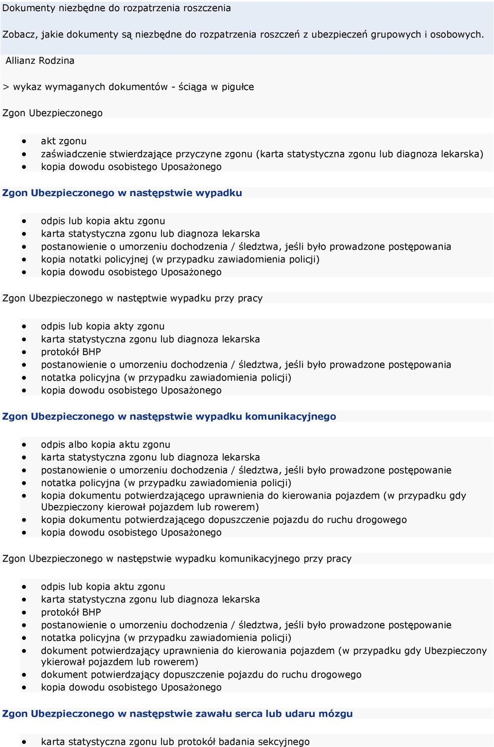 umorzeniu dochodzenia / śledztwa, jeśli było prowadzone postępowania kopia notatki policyjnej (w przypadku zawiadomienia policji) Zgon Ubezpieczonego w następtwie wypadku przy pracy odpis lub kopia