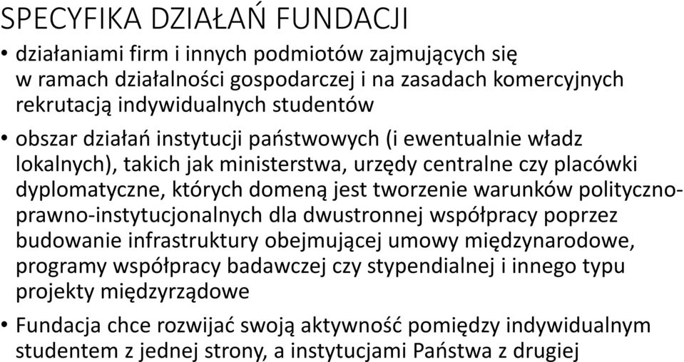 tworzenie warunków politycznoprawno-instytucjonalnych dla dwustronnej współpracy poprzez budowanie infrastruktury obejmującej umowy międzynarodowe, programy współpracy