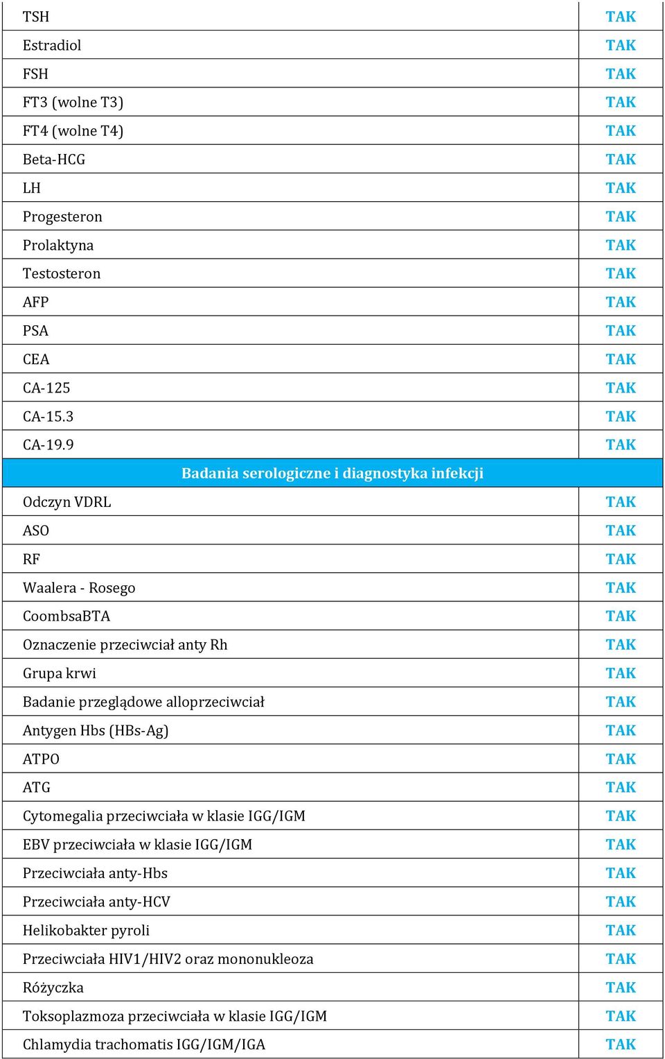 przeglądowe alloprzeciwciał Antygen Hbs (HBs-Ag) ATPO ATG Cytomegalia przeciwciała w klasie IGG/IGM EBV przeciwciała w klasie IGG/IGM Przeciwciała