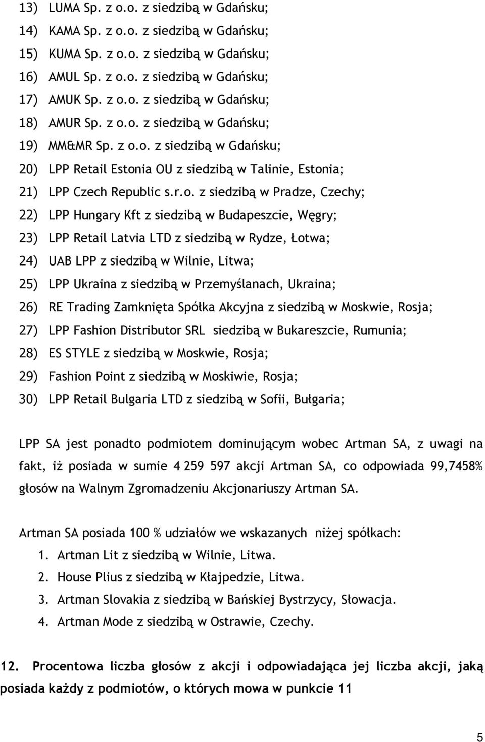 Hungary Kft z siedzibą w Budapeszcie, Węgry; 23) LPP Retail Latvia LTD z siedzibą w Rydze, Łotwa; 24) UAB LPP z siedzibą w Wilnie, Litwa; 25) LPP Ukraina z siedzibą w Przemyślanach, Ukraina; 26) RE