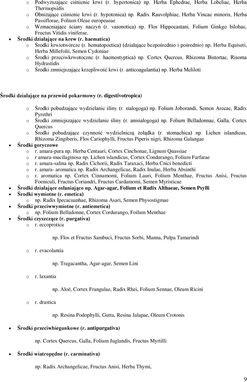 Flos Hippocastani, Folium Ginkgo bilobae, Fructus Vitidis viniferae. Środki działające na krew (r. haematica) o Środki krwiotwórcze (r. hematopoetica) (działające bezpośrednio i pośrednio) np.