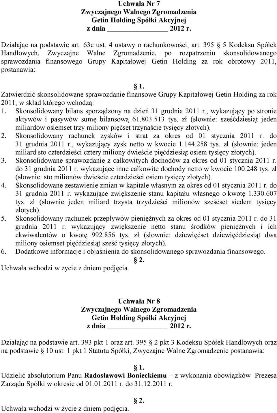 skonsolidowane sprawozdanie finansowe Grupy Kapitałowej Getin Holding za rok 2011, w skład którego wchodzą: 1. Skonsolidowany bilans sporządzony na dzień 31 grudnia 2011 r.
