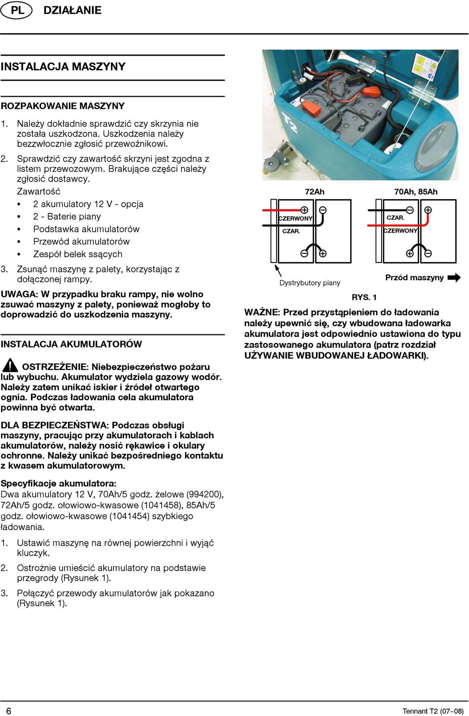 Zawartość S 2akumulatory12V-opcja S 2-Bateriepiany S Podstawka akumulatorów S Przewód akumulatorów S Zespół belek ssących 3. Zsunąć maszynę z palety, korzystając z dołączonej rampy.