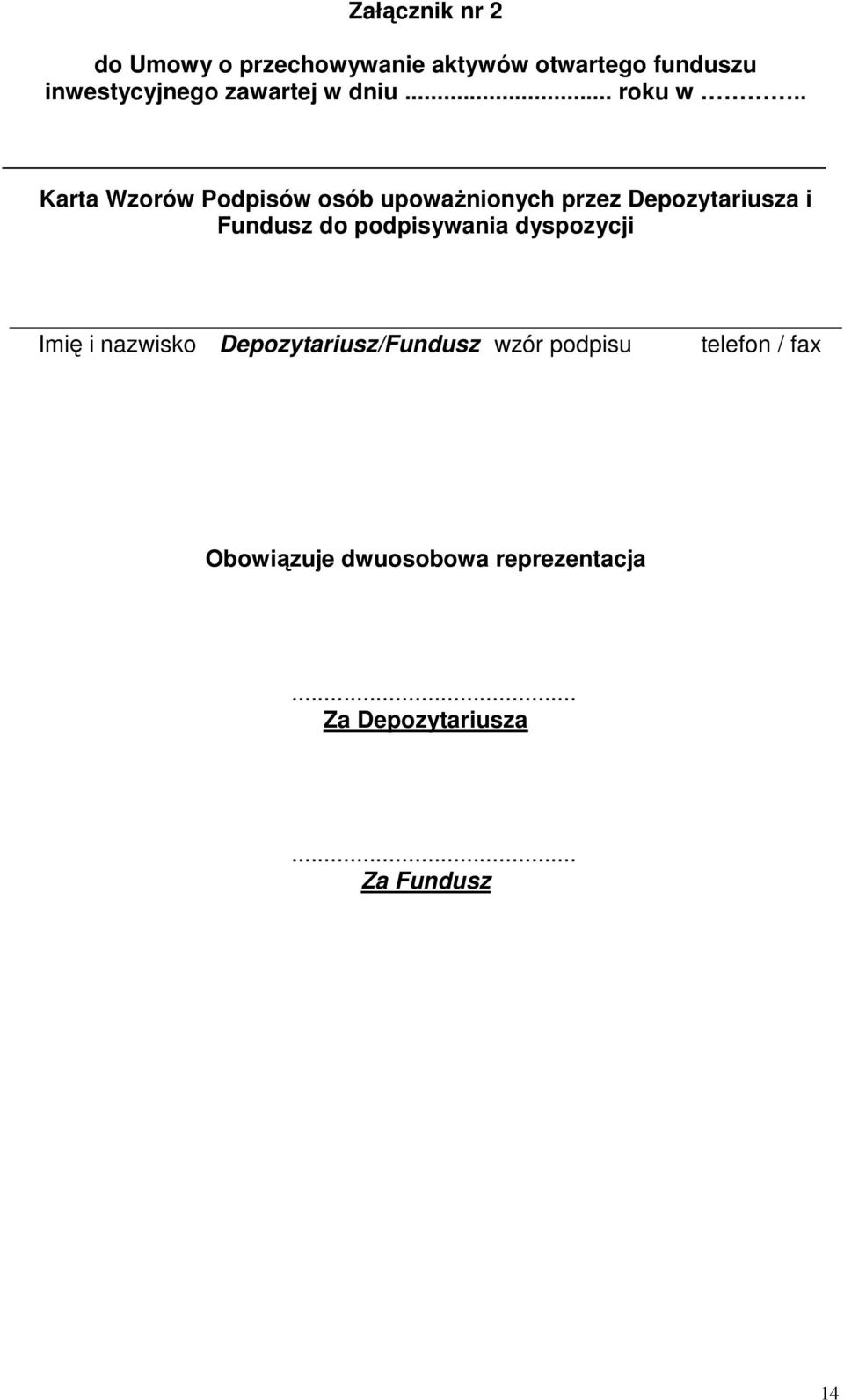 . Karta Wzorów Podpisów osób upoważnionych przez Depozytariusza i Fundusz do