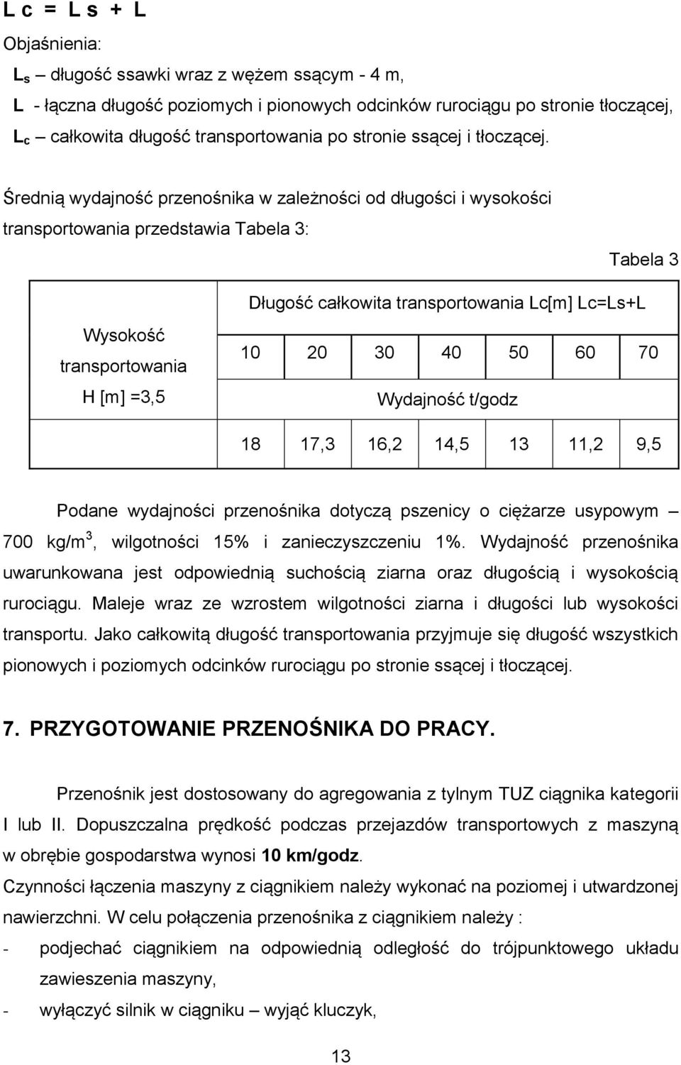 Średnią wydajność przenośnika w zależności od długości i wysokości transportowania przedstawia Tabela 3: Tabela 3 Wysokość transportowania H [m] =3,5 Długość całkowita transportowania Lc[m] Lc=Ls+L