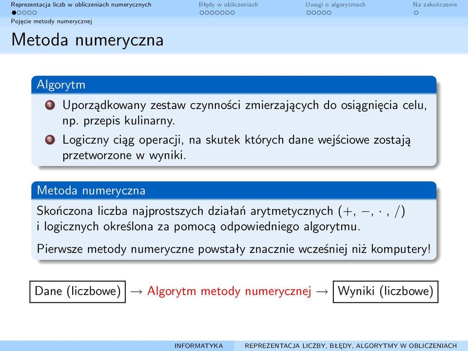 Metoda numeryczna Skończona liczba najprostszych działań arytmetycznych (+,,, /) i logicznych określona za pomocą