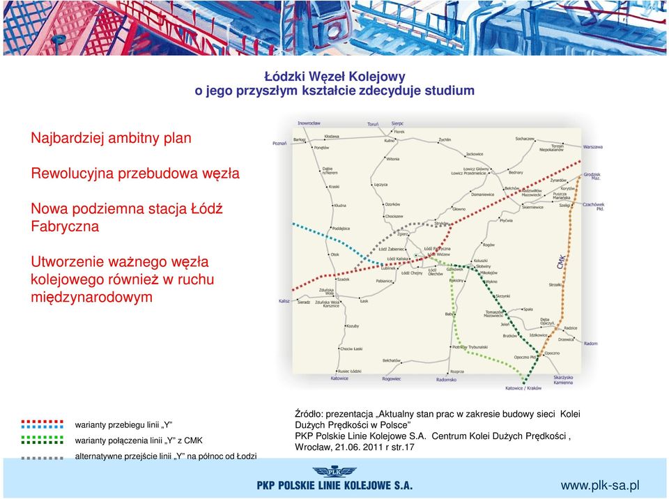 warianty połączenia linii Y z CMK alternatywne przejście linii Y na północ od Łodzi Źródło: prezentacja Aktualny stan prac w