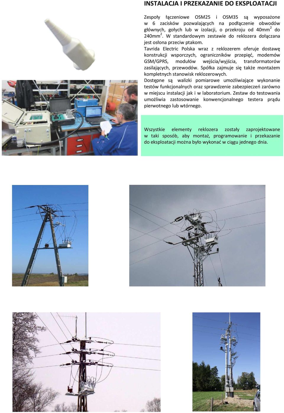 Tavrida Electric Polska wraz z reklozerem oferuje dostawę konstrukcji wsporczych, ograniczników przepięć, modemów GSM/GPRS, modułów wejścia/wyjścia, transformatorów zasilających, przewodów.