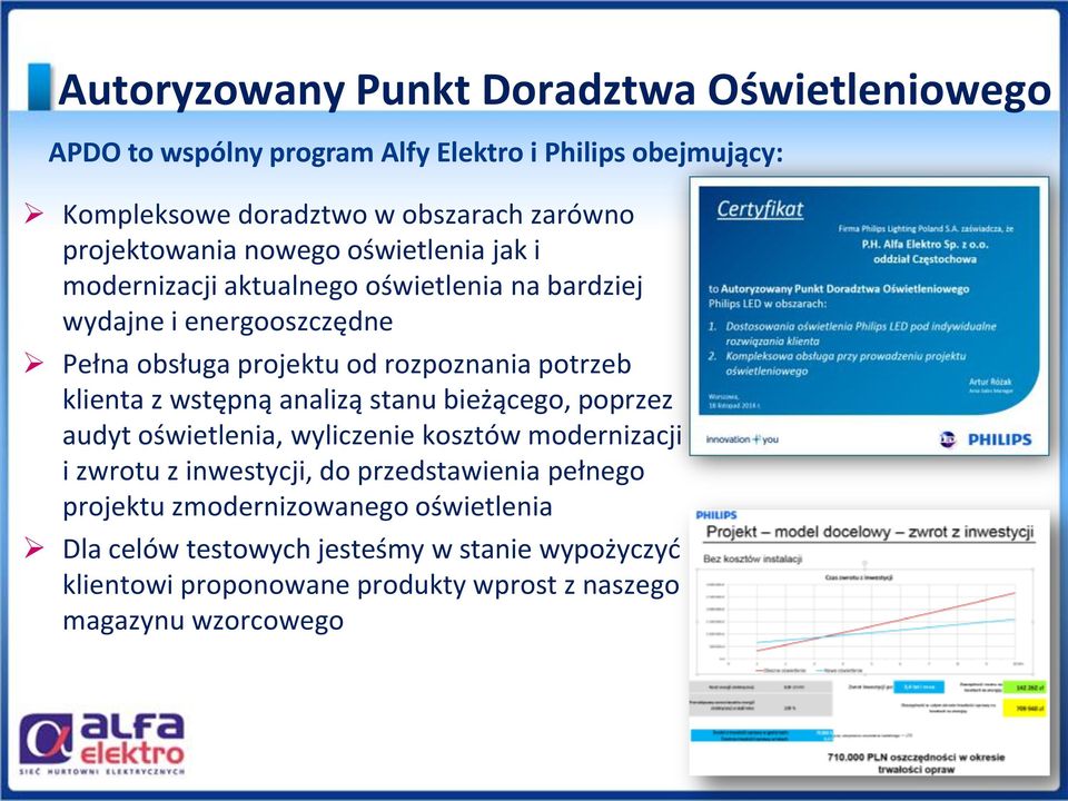 potrzeb klienta z wstępną analizą stanu bieżącego, poprzez audyt oświetlenia, wyliczenie kosztów modernizacji i zwrotu z inwestycji, do przedstawienia