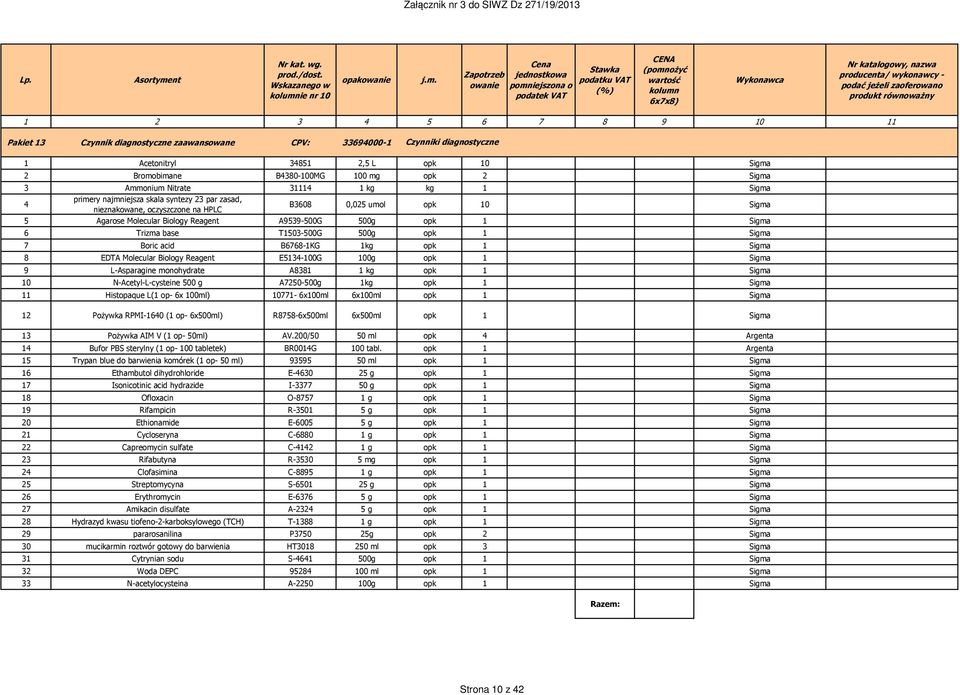 Trizma base T1503-500G 500g opk 1 Sigma 7 Boric acid B6768-1KG 1kg opk 1 Sigma 8 EDTA Molecular Biology Reagent E5134-100G 100g opk 1 Sigma 9 L-Asparagine monohydrate A8381 1 kg opk 1 Sigma 10