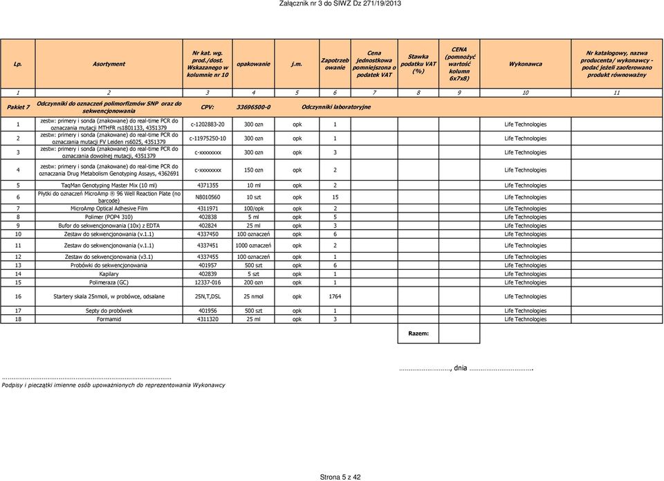 i sonda (znakowane) do real-time PCR do oznaczania Drug Metabolism Genotyping Assays, 4362691 CPV: 33696500-0 Odczynniki laboratoryjne c-1202883-20 300 ozn opk 1 Life Technologies c-11975250-10 300