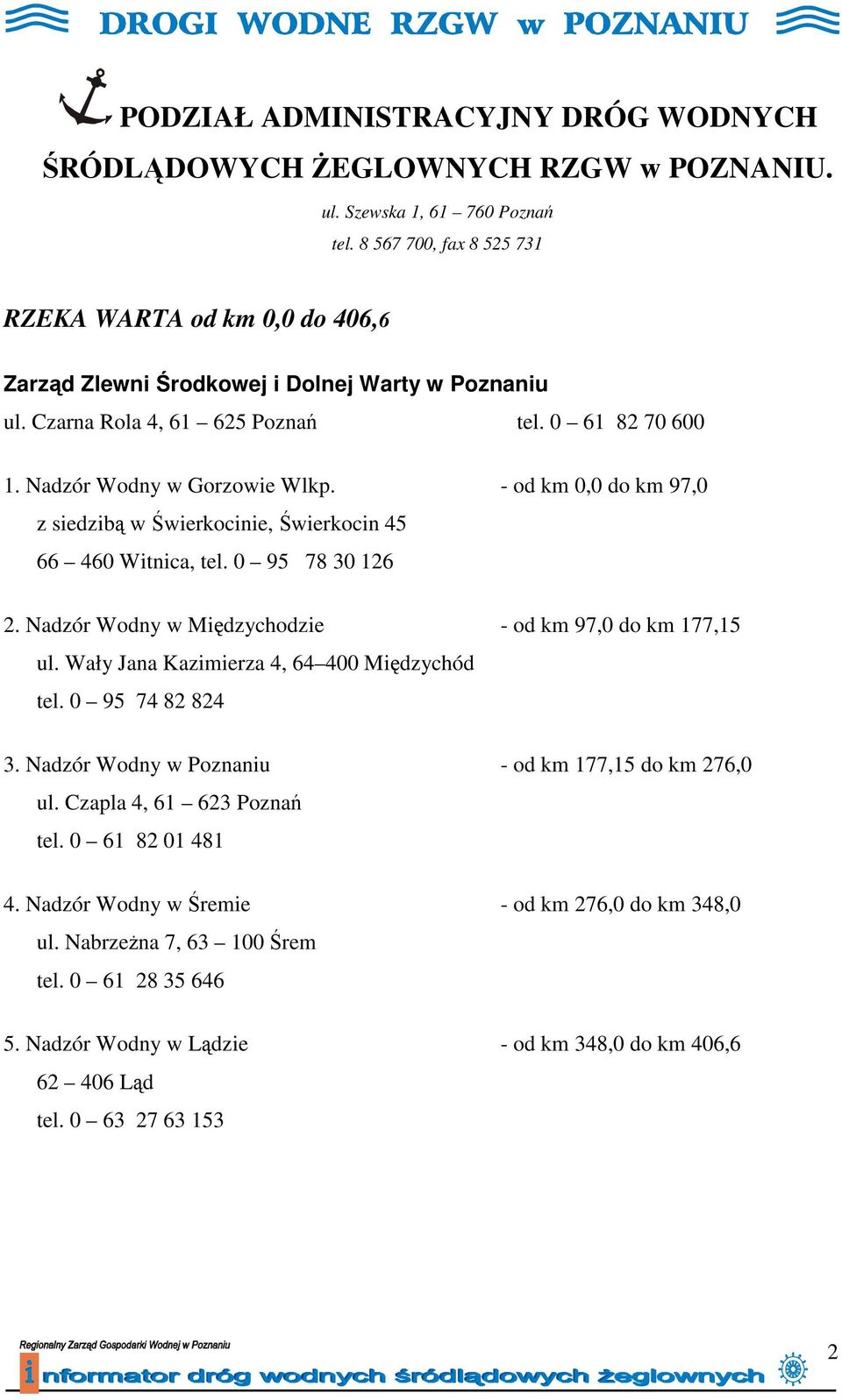 - od km 0,0 do km 97,0 z siedzibą w Świerkocinie, Świerkocin 45 66 460 Witnica, tel. 0 95 78 30 126 2. Nadzór Wodny w Międzychodzie - od km 97,0 do km 177,15 ul.