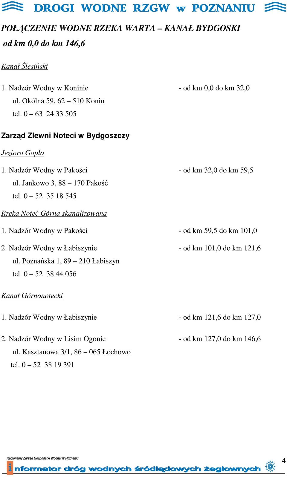 0 52 35 18 545 Rzeka Noteć Górna skanalizowana 1. Nadzór Wodny w Pakości - od km 59,5 do km 101,0 2. Nadzór Wodny w Łabiszynie - od km 101,0 do km 121,6 ul.