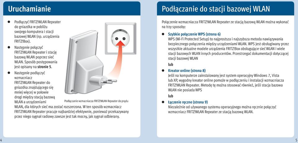 WLAN Repeater do gniazdka znajdującego się mniej więcej w połowie drogi między stacją bazową WLAN a urządzeniami Podłączanie wzmacniacza FRITZ!