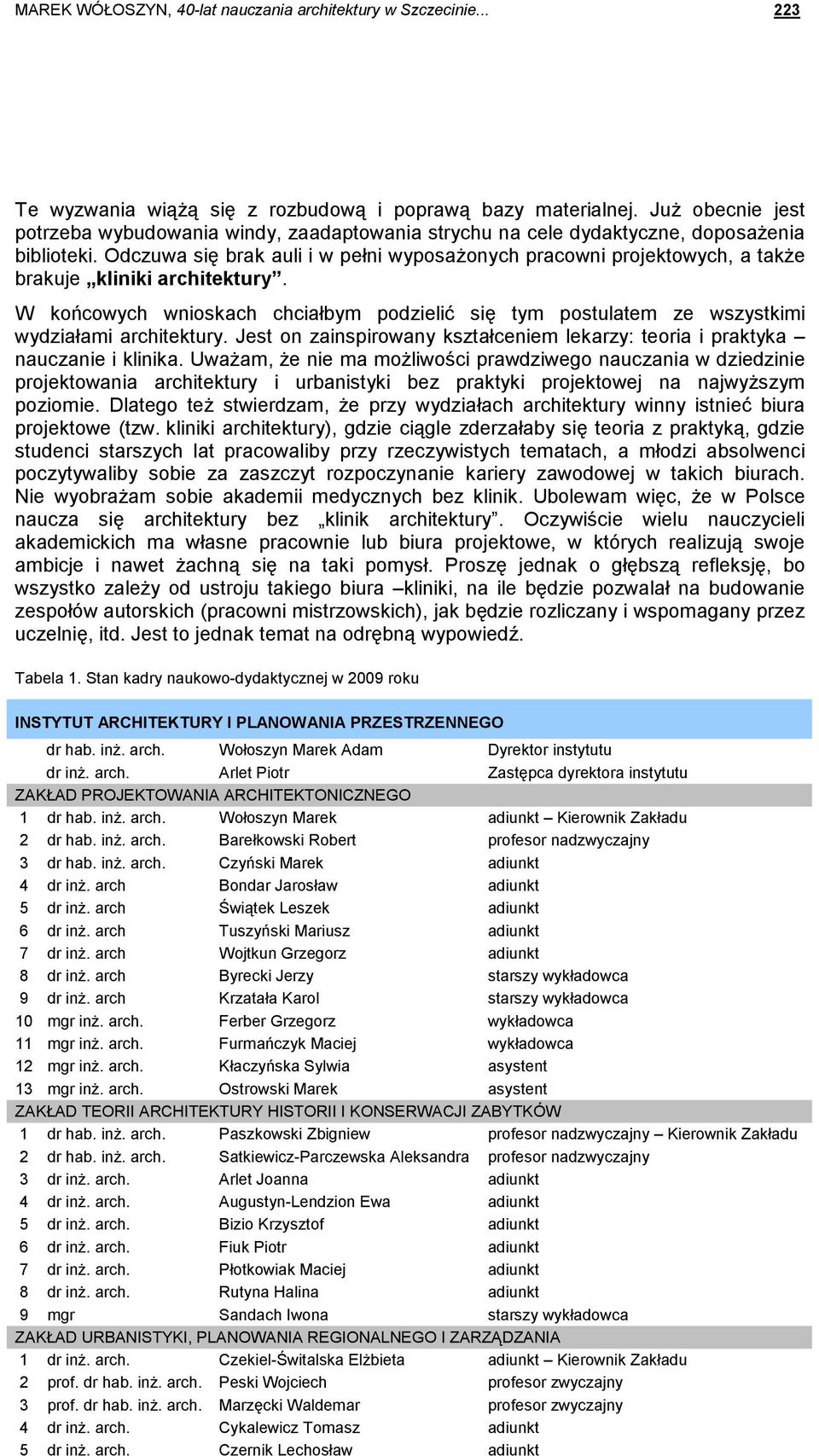 Odczuwa się brak auli i w pełni wyposaŝonych pracowni projektowych, a takŝe brakuje kliniki architektury.