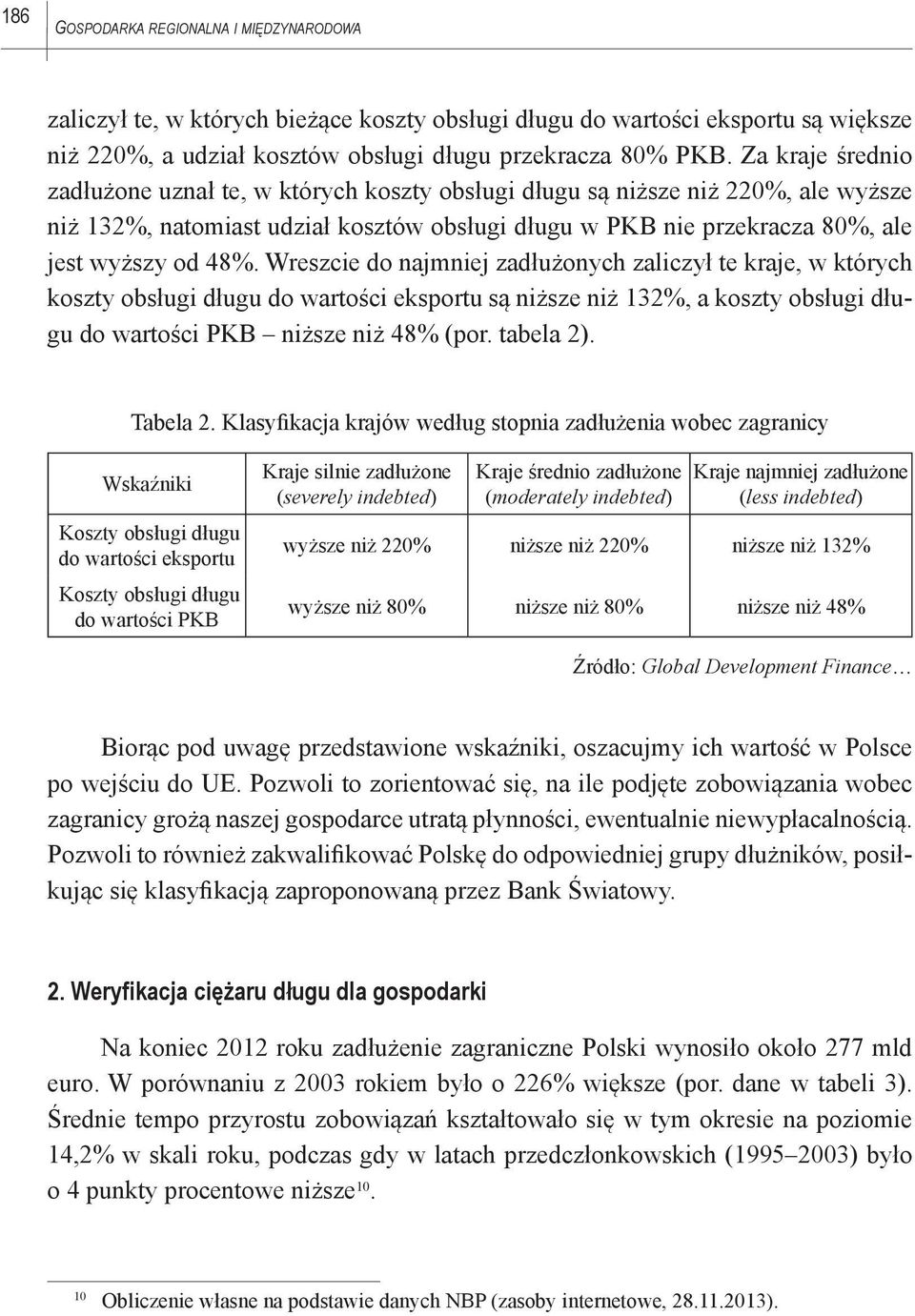 Wreszcie do najmniej zadłużonych zaliczył te kraje, w których koszty obsługi długu do wartości eksportu są niższe niż 132%, a koszty obsługi długu do wartości PKB niższe niż 48% (por. tabela 2).