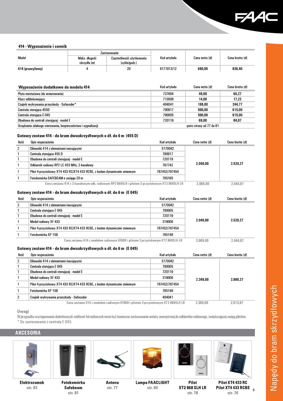 wmurowania) 737604 49,00 60,27 Klucz odblokowujący 713009 14,00 17,22 Czujnik wykrywania przeszkody - Safecoder* 404041 199,00 244,77 Centrala sterująca 455D 790917 500,00 615,00 Centrala sterująca E