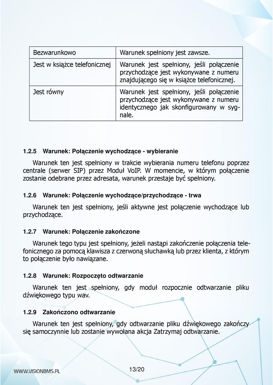 Warunek jest spełniony, jeśli połączenie przychodzące jest wykonywane z numeru identycznego jak skonfigurowany w sygnale. 1.2.