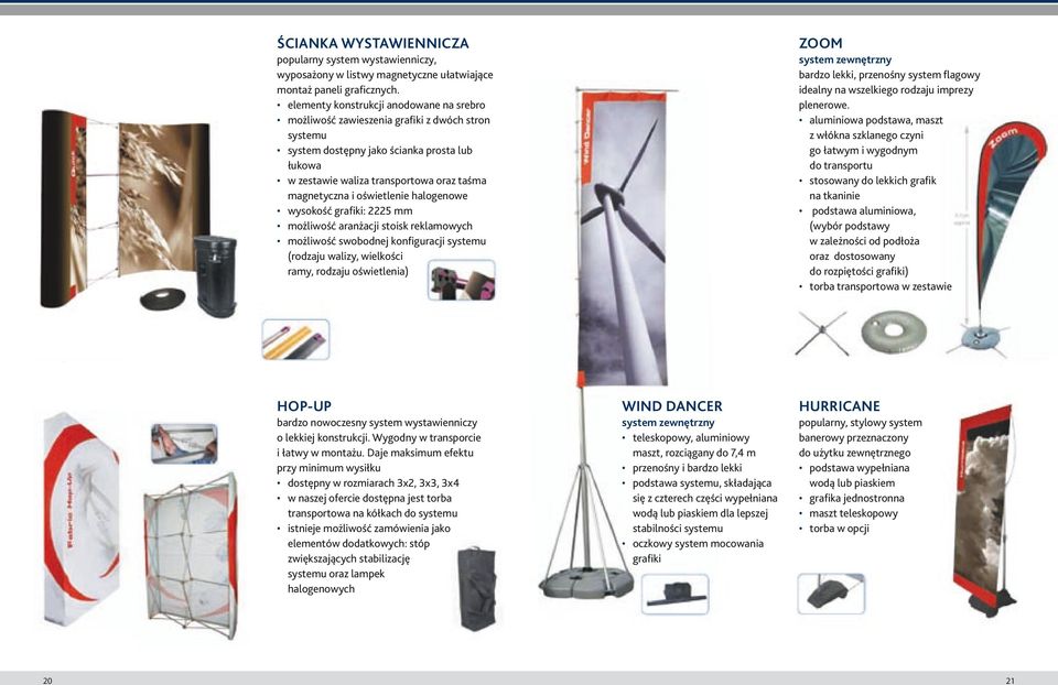 oświetlenie halogenowe wysokość grafiki: 2225 mm możliwość aranżacji stoisk reklamowych możliwość swobodnej konfiguracji systemu (rodzaju walizy, wielkości ramy, rodzaju oświetlenia) ZOOM system