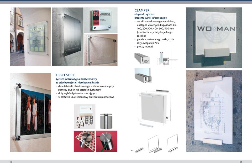montaż FISSO STEEL system informacyjno-oznaczeniowy ze szlachetnej stali nierdzewnej i szkła dwie tabliczki z hartowanego szkła