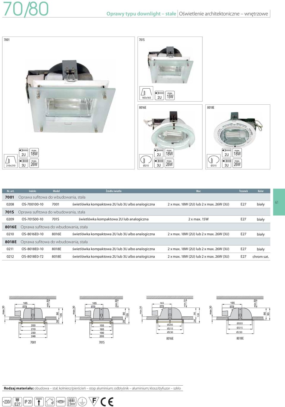 Oprawa sufitowa do wbudowania, stała 0209 OS-701S00-10 701S świetlówka kompaktowa 2U lub analogiczna 2 x 15W E27 biały 8016E Oprawa sufitowa do wbudowania, stała 0210 OS-8016E0-10 8016E świetlówka