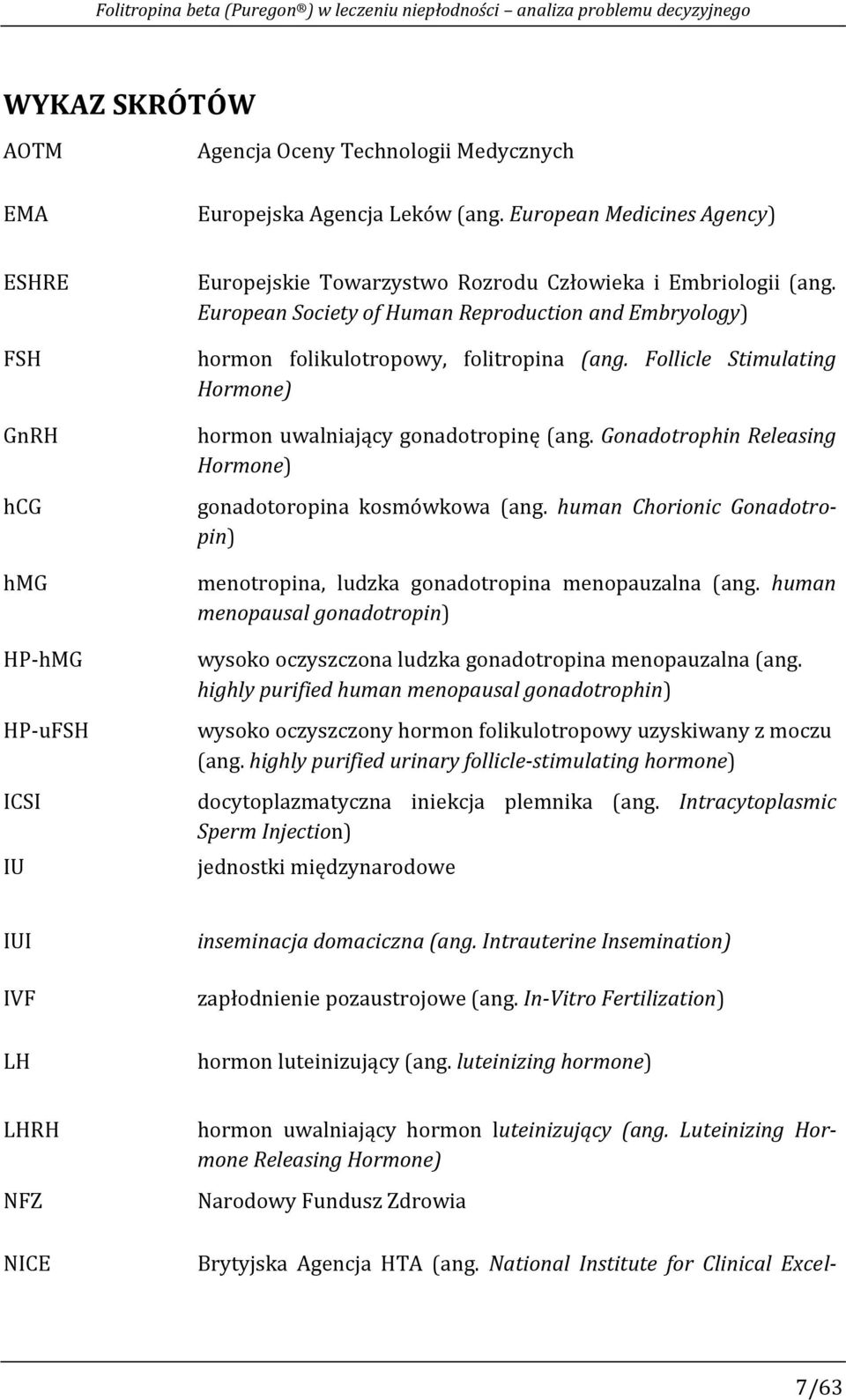 European Society of Human Reproduction and Embryology) hormon folikulotropowy, folitropina (ang. Follicle Stimulating Hormone) hormon uwalniający gonadotropinę (ang.