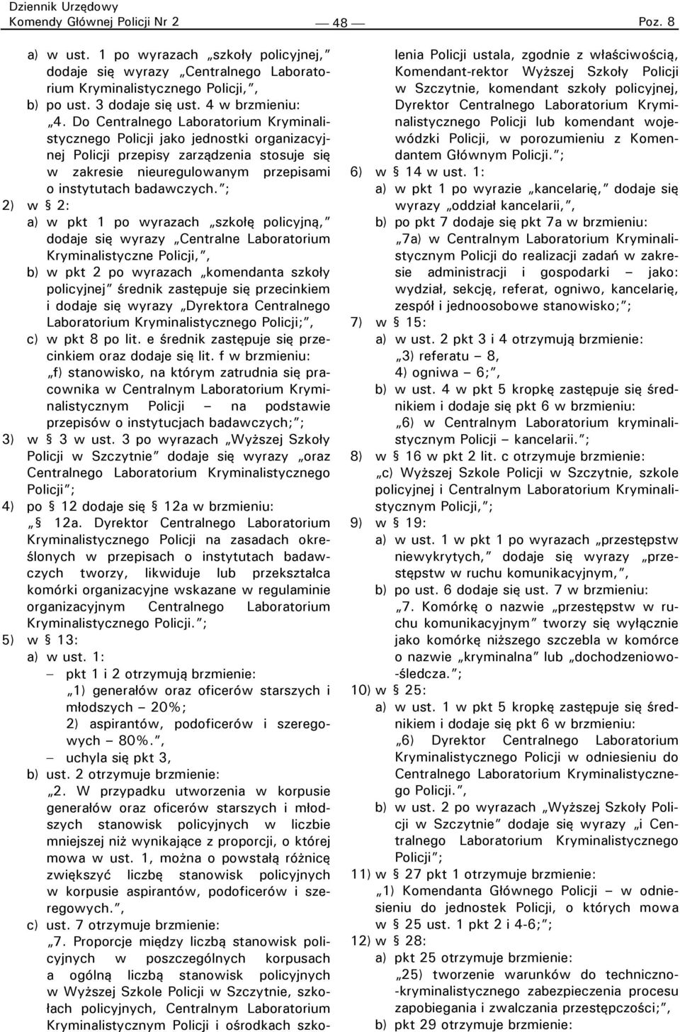 ; 2) w 2: a) w pkt 1 po wyrazach szkołę policyjną, dodaje się wyrazy Centralne Laboratorium Kryminalistyczne Policji,, b) w pkt 2 po wyrazach komendanta szkoły policyjnej średnik zastępuje się