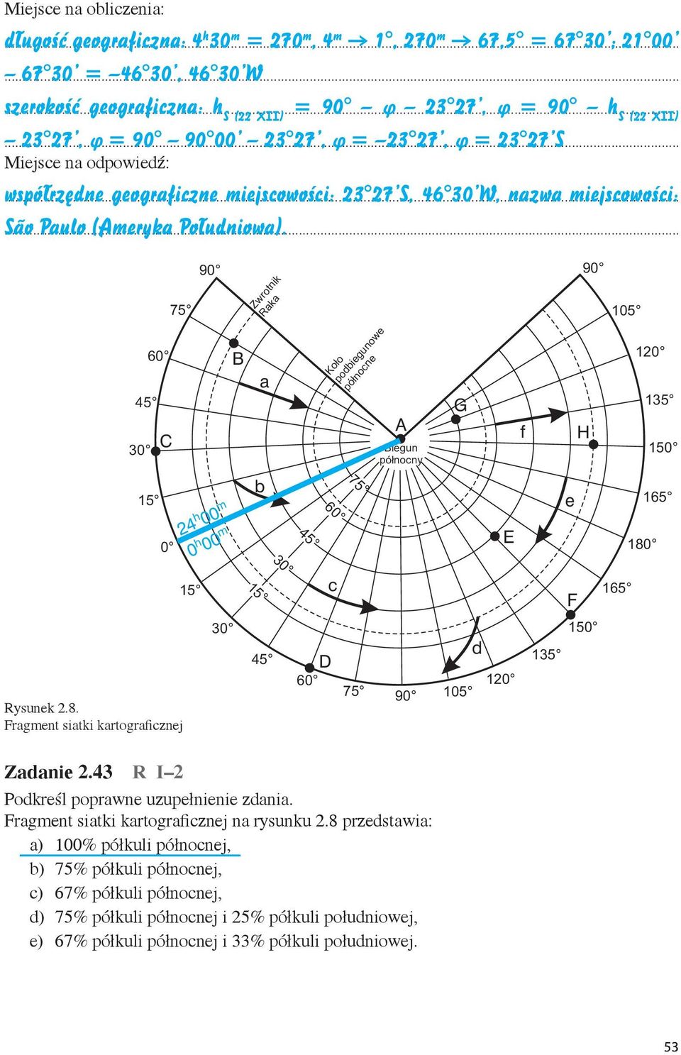 45 30 60 15 C 0 75 90 90 h m 24 00 h m 0 00 B Zwrotnik Raka a b 45 105 120 135 150 165 180 15 15 30 60 Ko³o podbiegunowe pó³nocne 75 A Biegun pó³nocny G E f e H c F 165 Rysunek 2.8. Fragment siatki kartograficznej 30 45 D 60 75 90 105 d 120 150 135 Zadanie 2.