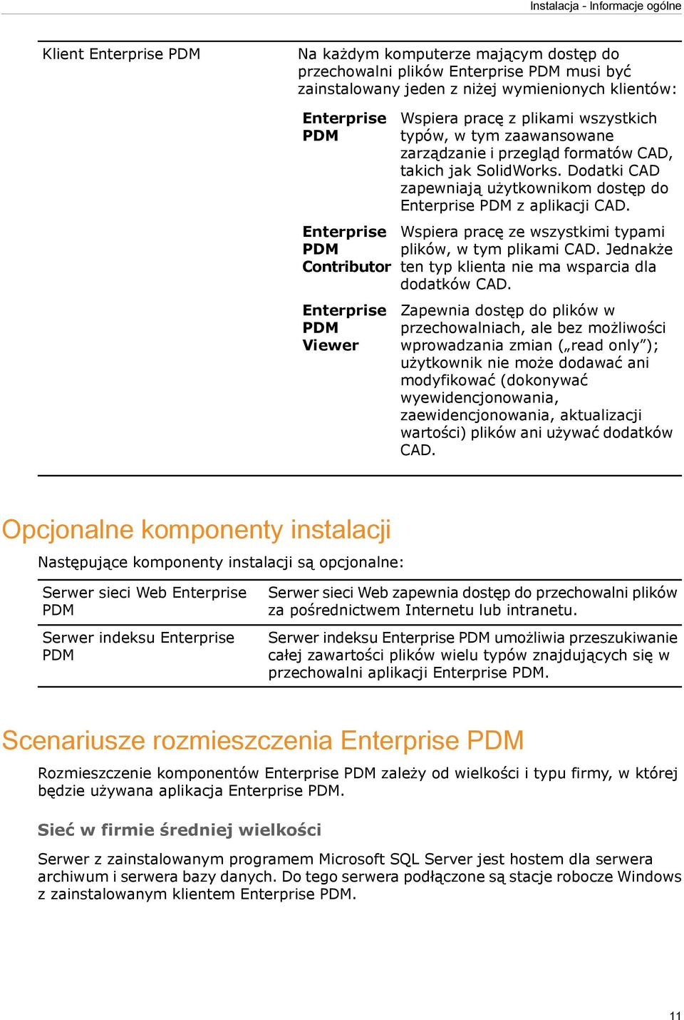 Dodatki CAD zapewniają użytkownikom dostęp do Enterprise PDM z aplikacji CAD. Wspiera pracę ze wszystkimi typami plików, w tym plikami CAD. Jednakże ten typ klienta nie ma wsparcia dla dodatków CAD.