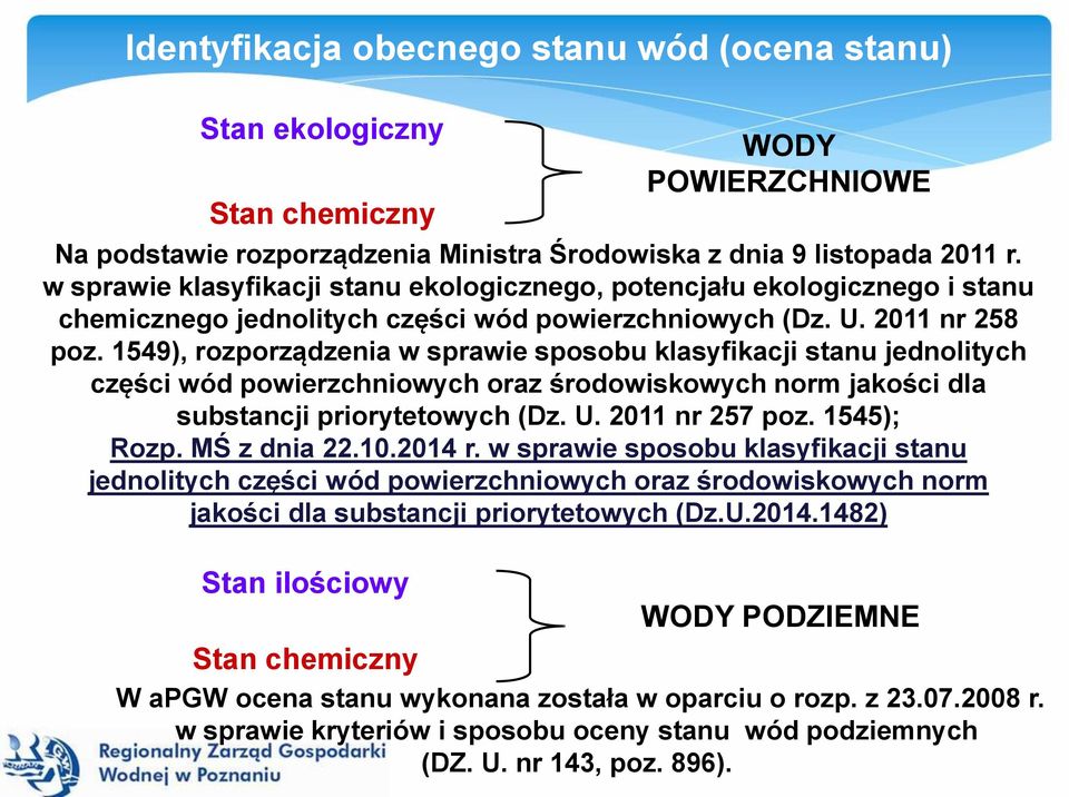 1549), rozporządzenia w sprawie sposobu klasyfikacji stanu jednolitych części wód powierzchniowych oraz środowiskowych norm jakości dla substancji priorytetowych (Dz. U. 2011 nr 257 poz. 1545); Rozp.