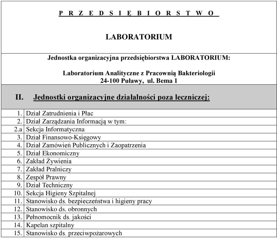 Dział Finansowo-Księgowy 4. Dział Zamówień Publicznych i Zaopatrzenia 5. Dział Ekonomiczny 6. Zakład Żywienia 7. Zakład Pralniczy 8. Zespół Prawny 9.