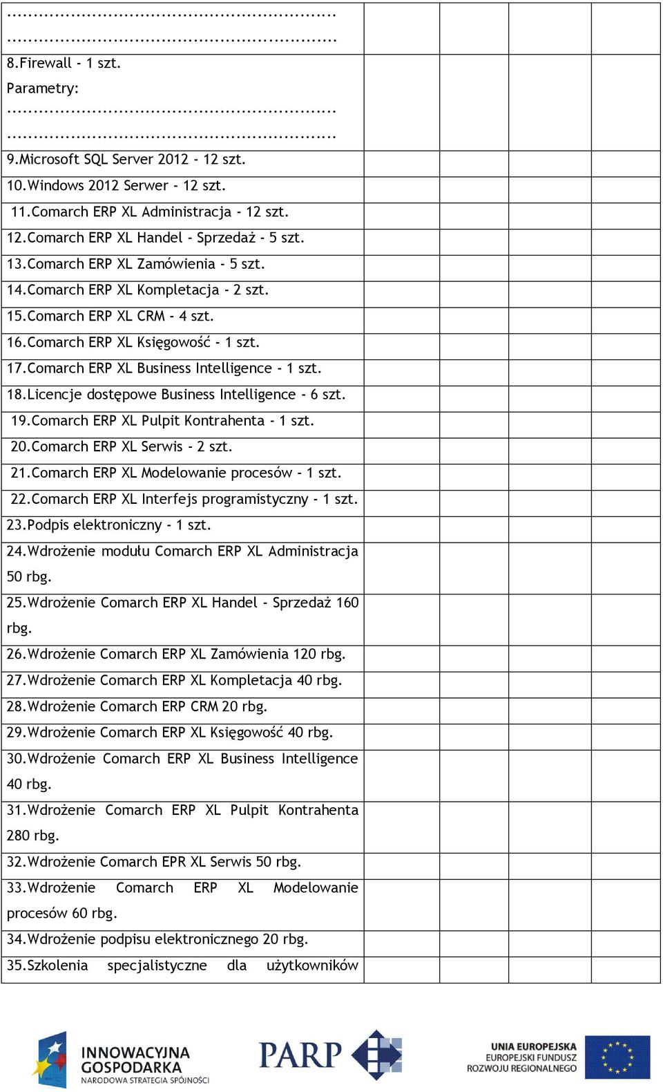 Licencje dostępowe Business Intelligence - 6 szt. 19.Comarch ERP XL Pulpit Kontrahenta - 1 szt. 20.Comarch ERP XL Serwis - 2 szt. 21.Comarch ERP XL Modelowanie procesów - 1 szt. 22.