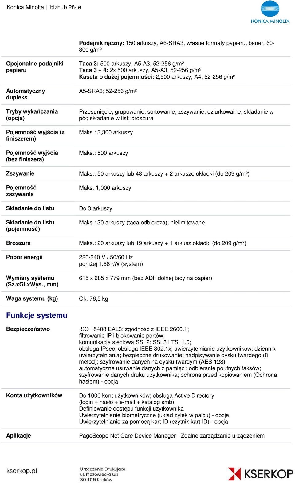 , mm) Waga systemu (kg) Taca 3: 500 arkuszy, A5-A3, 52-256 g/m² Taca 3 + 4: 2x 500 arkuszy, A5-A3, 52-256 g/m² Kaseta o dużej pojemności: 2,500 arkuszy, A4, 52-256 g/m² A5-SRA3; 52-256 g/m²