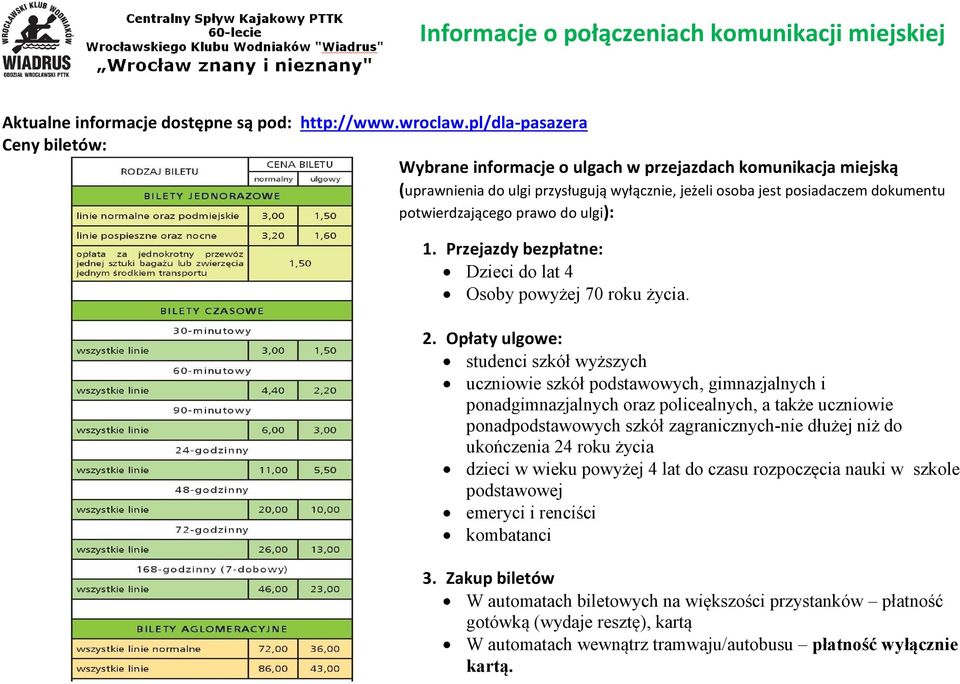do ulgi): 1. Przejazdy bezpłatne: Dzieci do lat 4 Osoby powyżej 70 roku życia. 2.