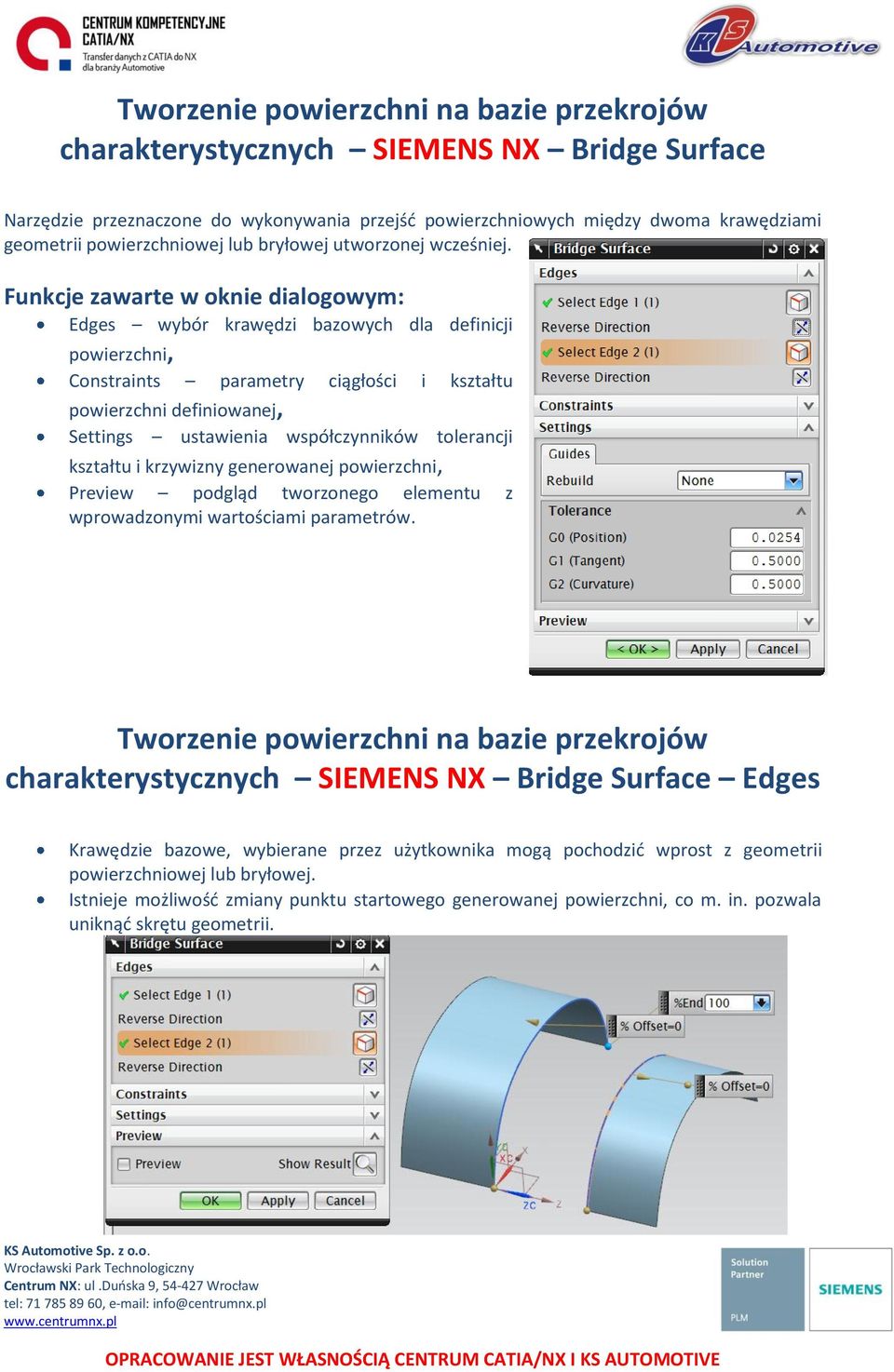 tolerancji kształtu i krzywizny generowanej powierzchni, Preview podgląd tworzonego elementu z wprowadzonymi wartościami parametrów.