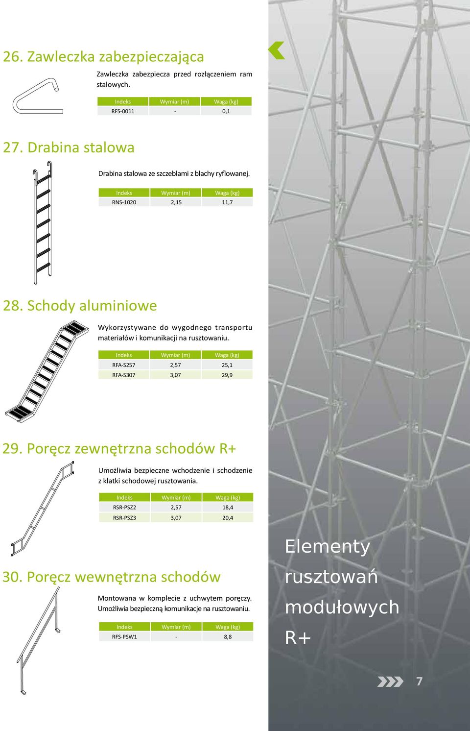 Schody aluminiowe Wykorzystywane do wygodnego transportu materiałów i komunikacji na rusztowaniu. RFA-S257 2,57 25,1 RFA-S307 3,07 29,9 29.