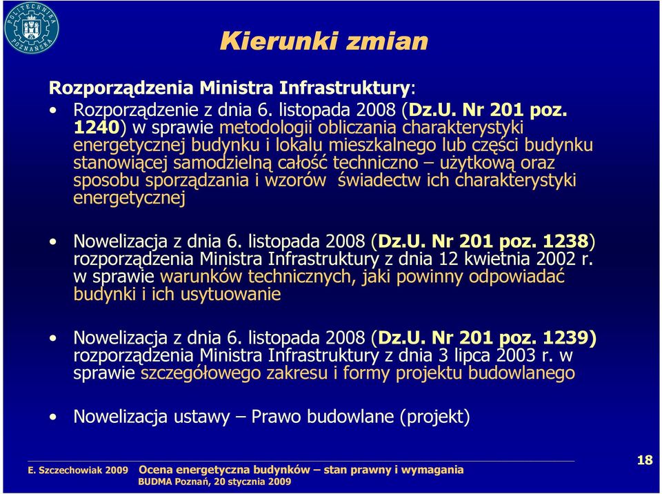 wzorów świadectw ich charakterystyki energetycznej Nowelizacja z dnia 6. listopada 2008 (Dz.U. Nr 201 poz. 1238) rozporządzenia Ministra Infrastruktury z dnia 12 kwietnia 2002 r.