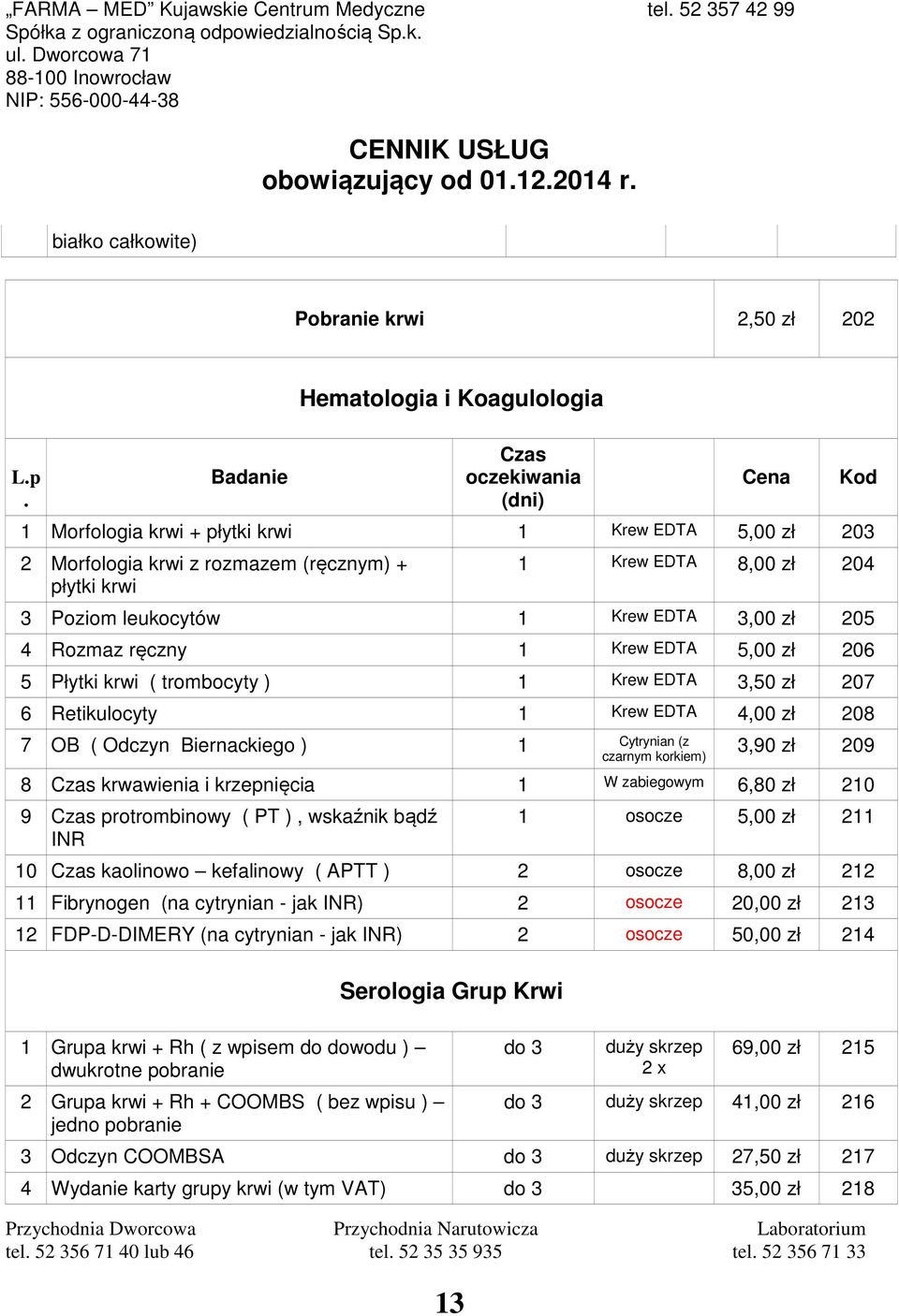 204 3 Poziom leukocytów 1 Krew EDTA 3,00 zł 205 4 Rozmaz ręczny 1 Krew EDTA 5,00 zł 206 5 Płytki krwi ( trombocyty ) 1 Krew EDTA 3,50 zł 207 6 Retikulocyty 1 Krew EDTA 4,00 zł 208 7 OB ( Odczyn